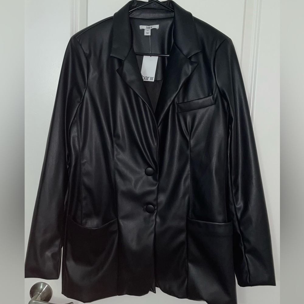 BAR III Women's Black Faux-Leather Suit Blazer